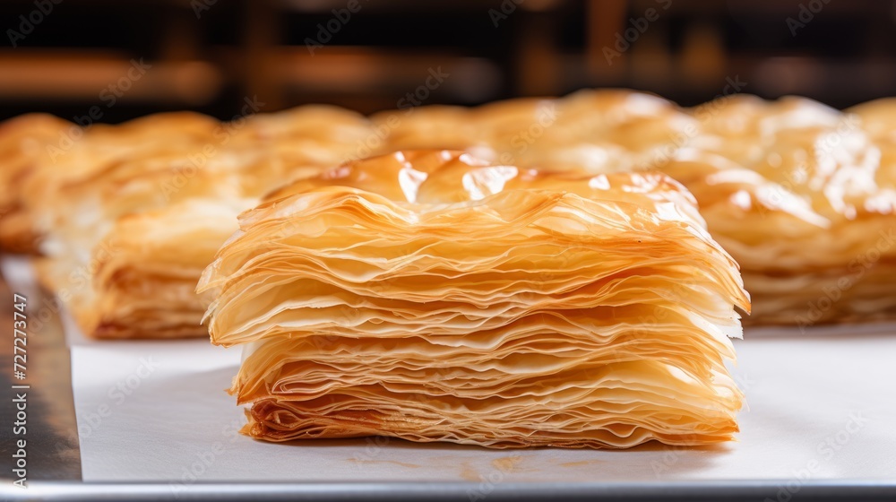 Poster flaky and buttery puff pastry, layers visible, showcasing the process of laminating and folding. gen