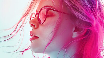 Close-up portrait of a young woman with striking pink hair and stylish glasses, exuding a dreamy and artistic vibe.