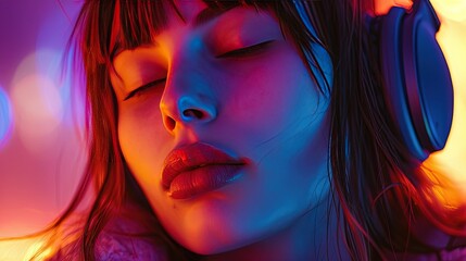 Fototapeta premium A serene woman lost in the world of music, her face gently illuminated by the soft neon glow of surrounding lights.