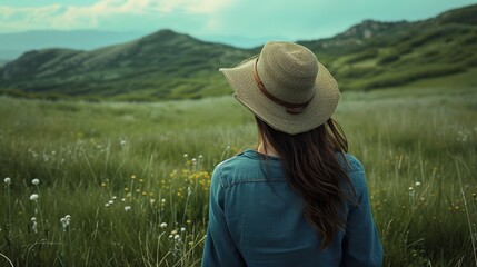 Naklejka na ściany i meble A thoughtful woman in a straw hat stands facing rolling green hills, immersed in the beauty of a wildflower meadow.
