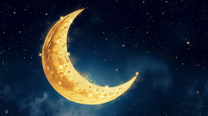 Cartoon Style Moon with Stars in Sky with Copy Space. Eid and Ramadan 2024 - obrazy, fototapety, plakaty