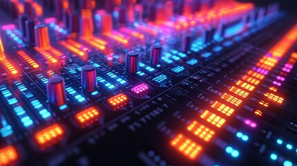 Futuristic equalizer panel featuring an array of pulsating indicator lights, synchronizing with the music's rhythm, generating a futuristic and vibrant audio display, Generative AI