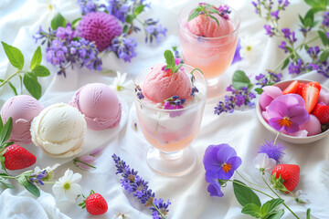 Summery rose, lavender, and violets spreaded on a white linen table cloth, together with drinks, ice creams and snacks made of these same ingredients  - Generative AI
