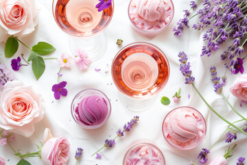 Summery rose, lavender, and violets spreaded on a white linen table cloth, together with drinks, ice creams and snacks made of these same ingredients  - Generative AI