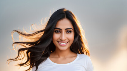 Fototapeta premium Attractive adult hindus woman with long, black hair. Natural background with copy space. Generative AI.
