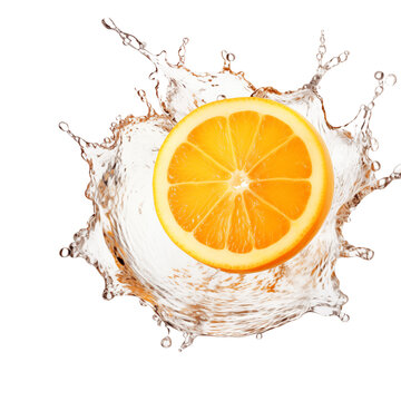 Orange and water splash isolated on transparent and white background. Ideal for use in advertising. Generative ai