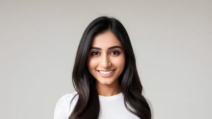 Fototapeta premium Portrait with black hair smiling at camera. Empty background with mockup. Generative AI.