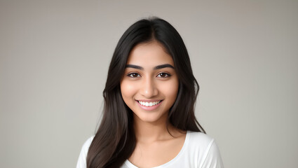 Obraz premium Smiling female with long, hair looking at camera on natural background with copy space. Generative AI.