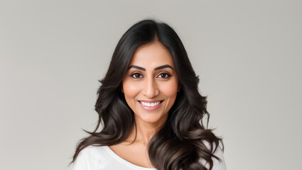 Obraz premium Happy female with long, wavy hair on empty background with mockup. Generative AI.
