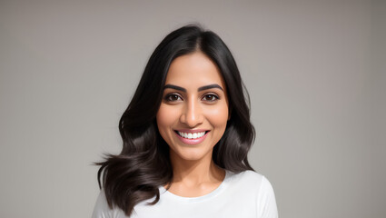 Fototapeta premium Happy hindi woman with black hair on isolated background with mockup. Generative AI.