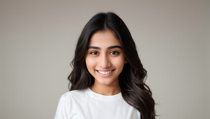 Obraz premium Portrait of happy hindus girl looking at camera. Empty background with mockup. Generative AI.
