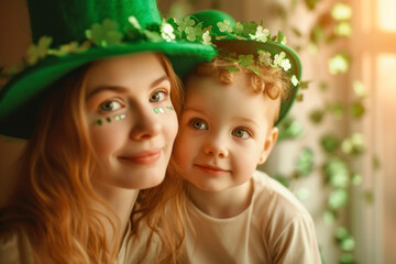 Family mom and kids celebrate St. Patrick's Day.