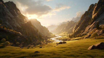 Golden sunlight casting long shadows over rocky cliffs and verdant meadows in a tranquil mountain...