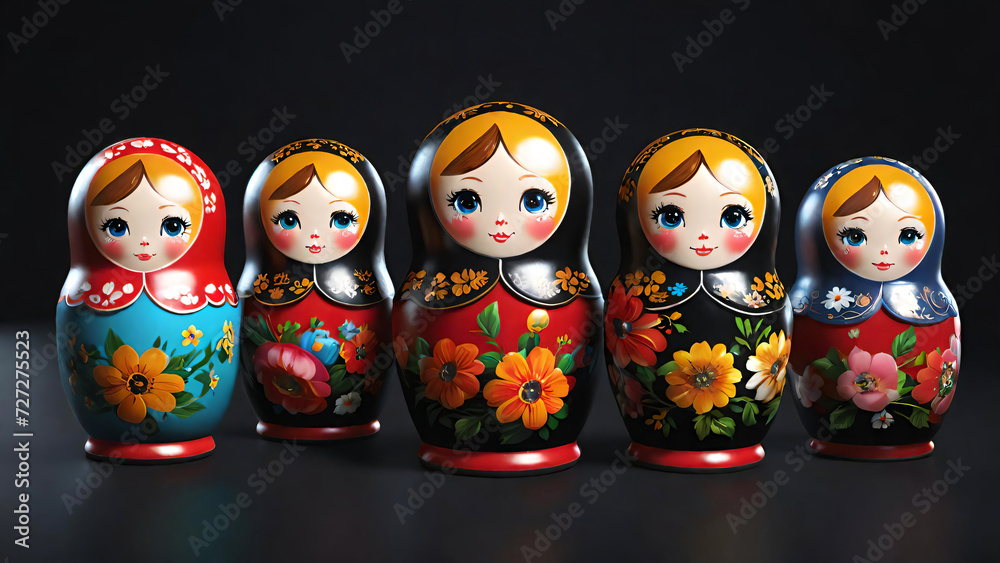 Wall mural Colorful Russian matryoshka dolls with black background