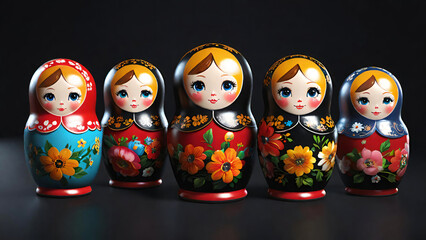 Colorful Russian matryoshka dolls with black background