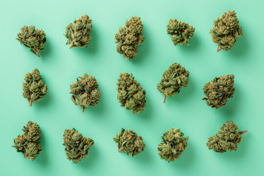 Overhead flat lay of dried cannabis marijuana buds on a bright color background