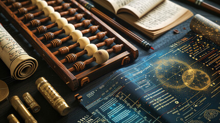 The Evolution of Computing with a Comparison Featuring an Ancient Abacus Next to a Quantum Computer.
