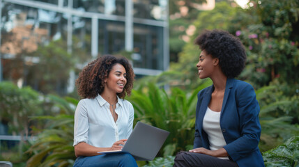 two professional happily engaging in a conversation, with one holding a laptop, in a bustling office environment