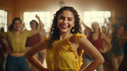 Young Girl in Orange Dress Standing With Group of Dancers, Hispanic Heritage Month
