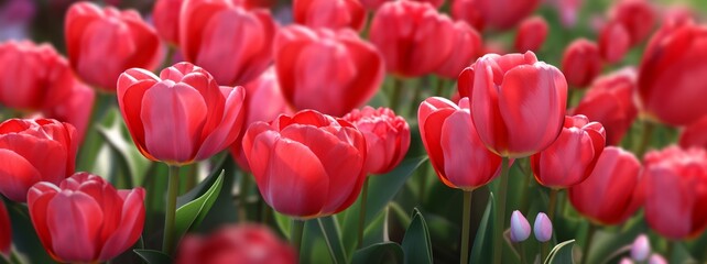 Fototapeta premium Immaculate flowerbed of vibrant red tulips in full bloom, creating a stunning focal point. Generative AI