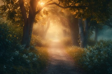 path through the woods magical fantasy forest at sunrise