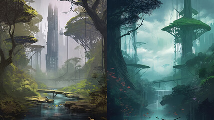 Journey through Natural Landscapes with a Comparison of an Ancient Forest and a Futuristic City Park.