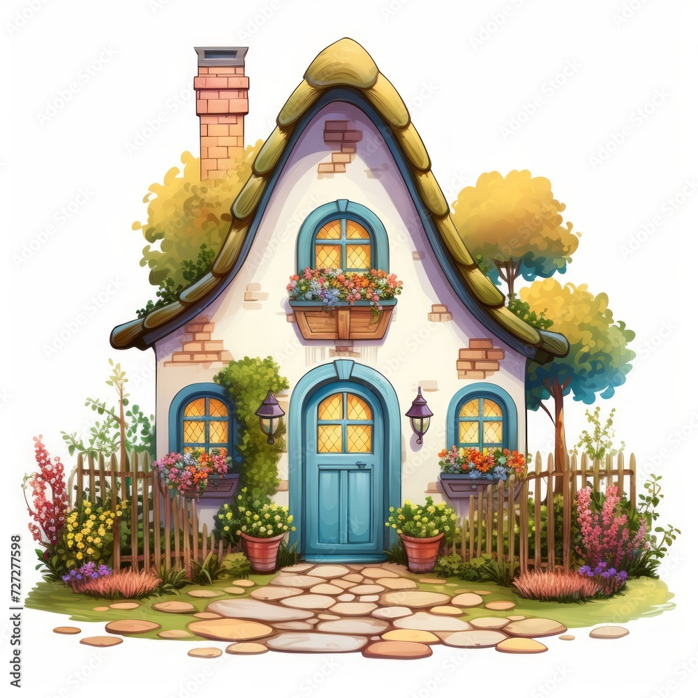 Poster a delightful miniature house with vibrant shutters and a well-kept garden path. generative ai