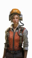 Middle-aged female construction worker in gear, tools in hand, gentle smile, full stature against a plain white background Generative AI