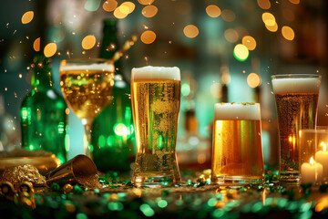 St Patrick's Day bar menu background. Set various golden, green beer glasses, different cocktails and drinks, with St. Patrick's Day party decor and accessories. - obrazy, fototapety, plakaty