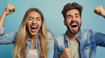 man and a woman are both cheering excitedly with their fists raised, wearing denim jackets, against a blue background