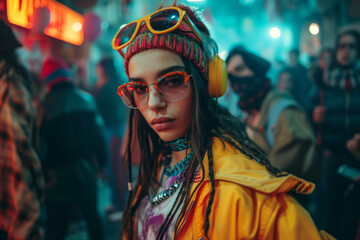 Trendy Young Woman with Headphones in Urban Setting
A young woman stands out in a crowd with her vibrant fashion sense, complete with colorful headphones and sunglasses, embodying the essence of urban