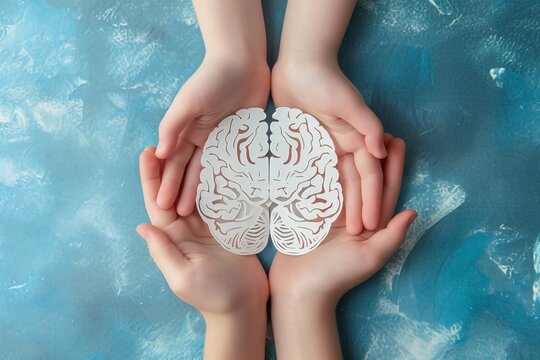 Adult and child hands holding encephalography brain paper cutout, autism, Stroke, Epilepsy and Alzheimer awareness, seizure disorder. world mental health day concept