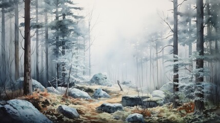 Mysterious fog-covered forests. aquarelle 
