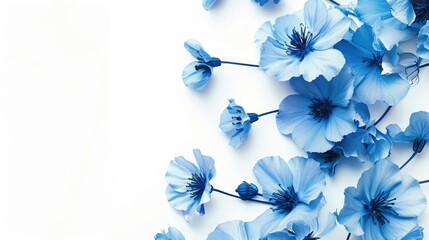 Blue flowers create design on white background.