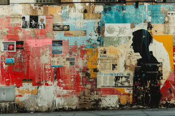 Graffiti Silhouette on Colorful Poster-Covered Wall
A striking urban wall adorned with a silhouette graffiti and a collage of weathered posters in various colors.

