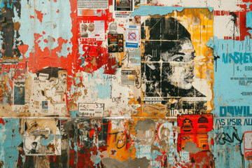 Textured Collage Wall with Torn Posters and Paint
An intricate wall collage made of torn posters, splattered paint, and stenciled faces, creating a textured urban tapestry.
