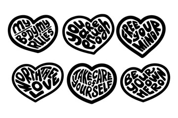 Selflove black groovy lettering in hearts shape