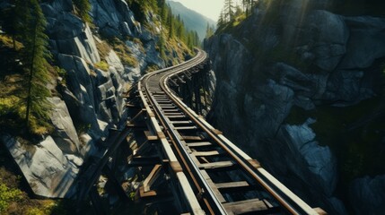 Overhead shots capturing the engineering marvels of switchbacks and inclines in a mountain railway system. Generative AI