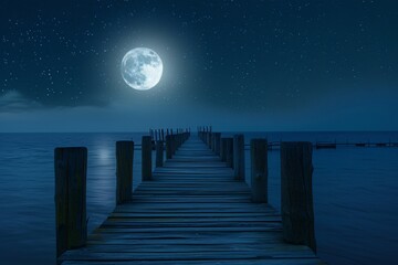 Pier and Moon On Water Horizon