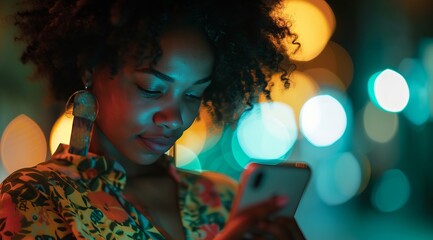 African American woman checking her phone, colorful bokeh lights background.
