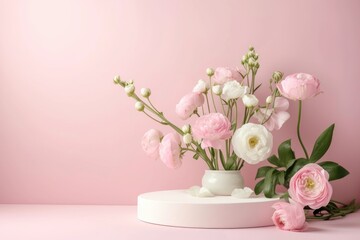 Composition with plaster podium and beautiful eustoma flowers on pink background