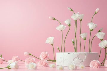 Composition with plaster podium and beautiful eustoma flowers on pink background