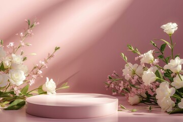 Composition with plaster podium and beautiful eustoma flowers on pink background