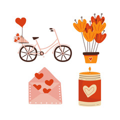 Valentines day elements designs set. Valentine flat clipart collection with bicycle, flowers and candle . Holiday of love symbols in cute style. Stock illustrations