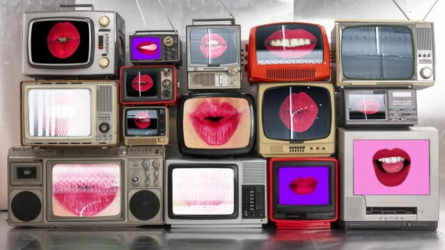 vintage televsion collection wall with lips