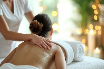 Portrait of young women enjoying spa. Beautiful women getting back massage at spa center. For body care, anti aging treatment, spa concept. Generative AI