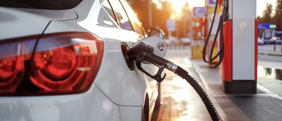 Car filling up with gas at a gas station, white car, sunset light, technology energy environment, pollution eco-friendly, car at the gas station, Fuel dispenser, ultra wide 21:9 background banner - obrazy, fototapety, plakaty