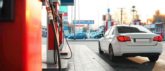 Car filling up with gas at a gas station, white car, sunset light, technology energy environment, pollution eco-friendly, car at the gas station, ultra wide 21:9 background banner - obrazy, fototapety, plakaty