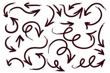 Arrows symbols set. Burgundy hand draw grunge arrows on white background. 