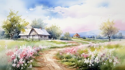 Peaceful countryside covered in blooming flowers. aquarelle 